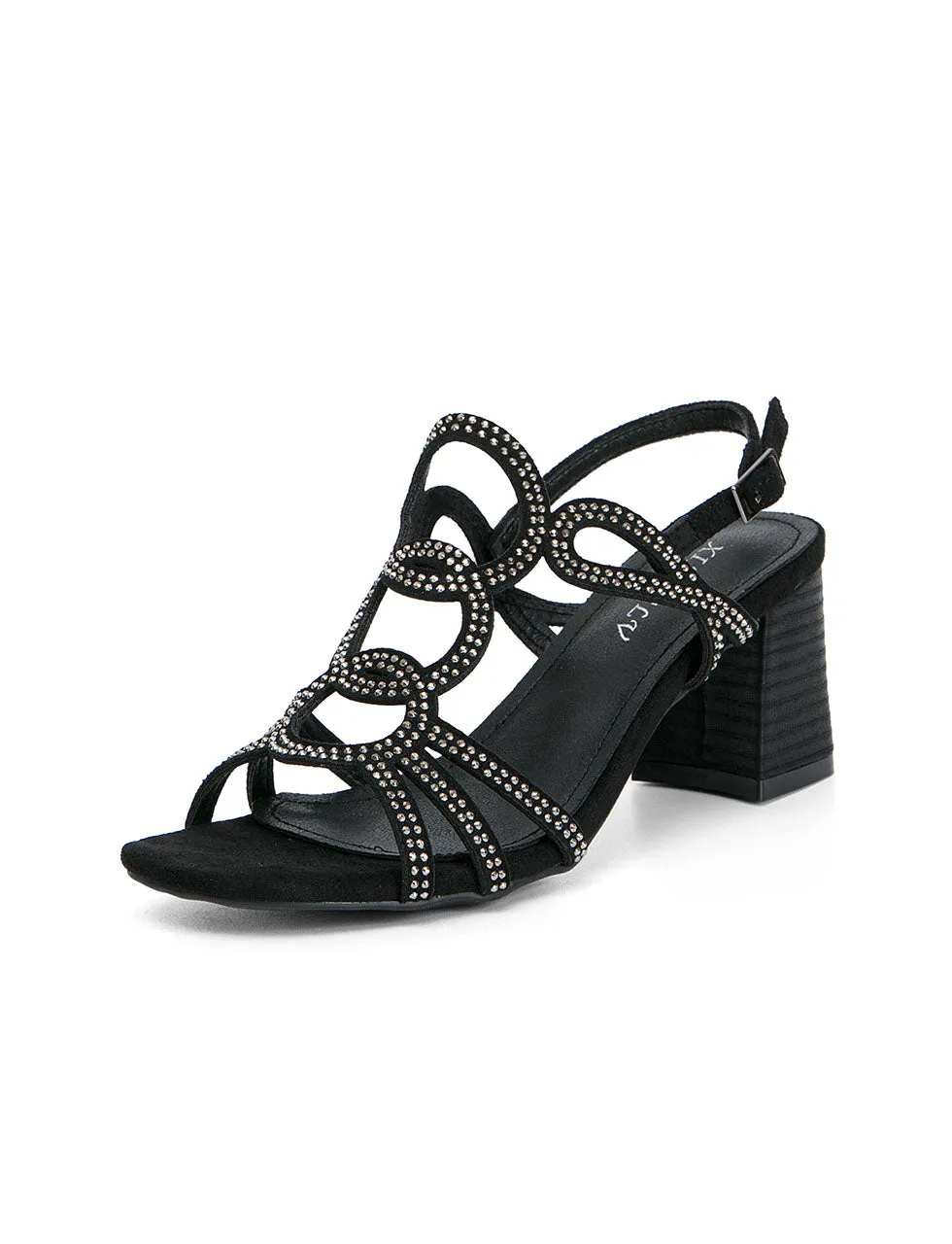 Black Hollow Out Strapless Chunky Heel Sandals With Diamonds For Women