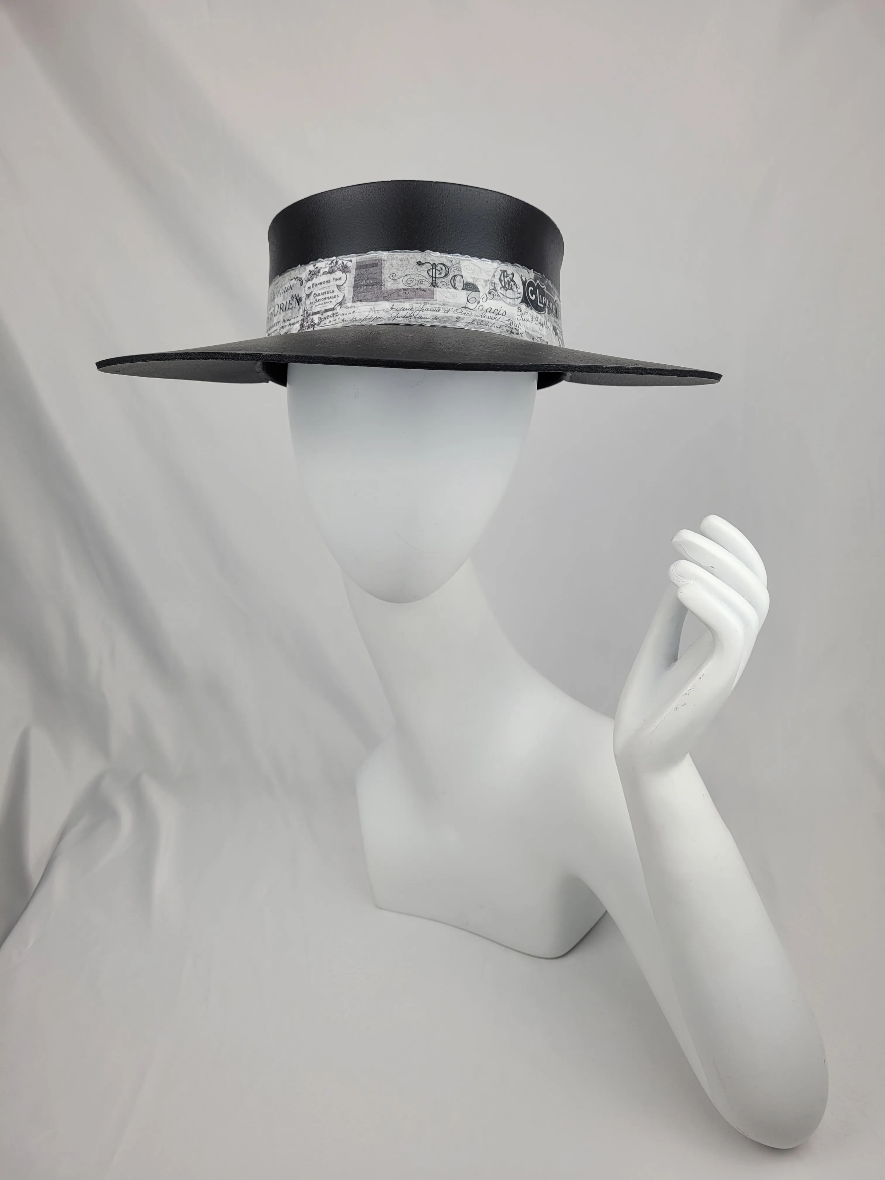 Black "LadyEVA" Visor Hat with Paris Inspired Band and Silver Accents