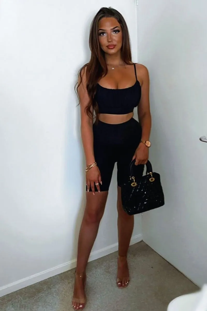 Black Ruched Panel Crop Top   Cycling Shorts Co-ord - Zariah