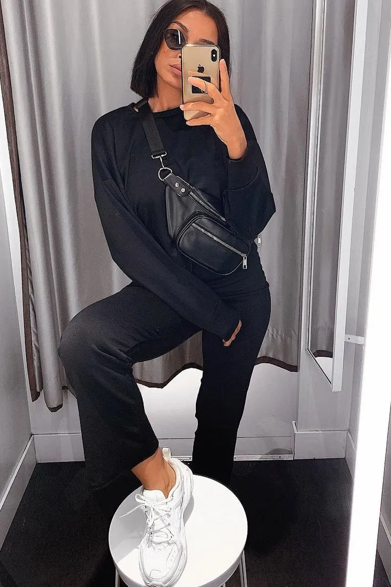 Black Sweatshirt Slim Jogger Tracksuit - Erieanna