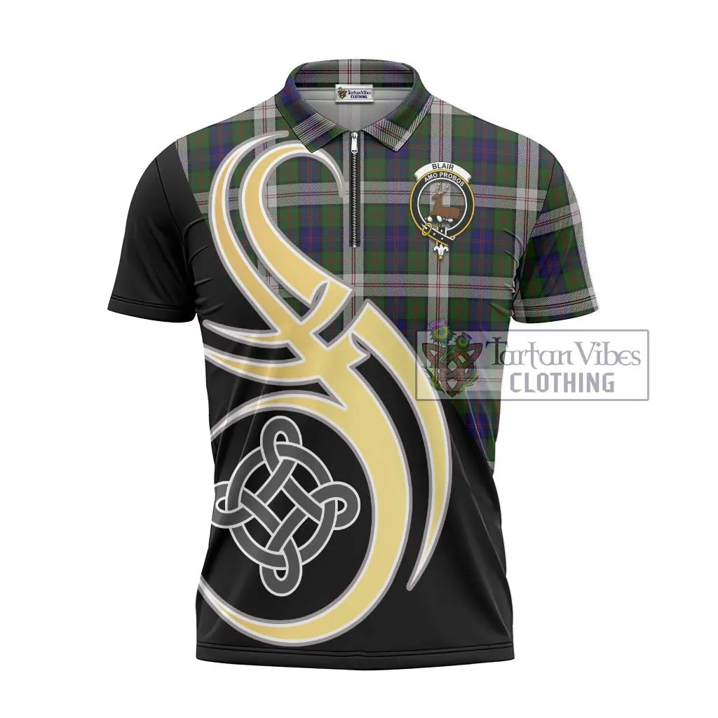 Blair Dress Tartan Zipper Polo Shirt with Family Crest and Celtic Symbol Style