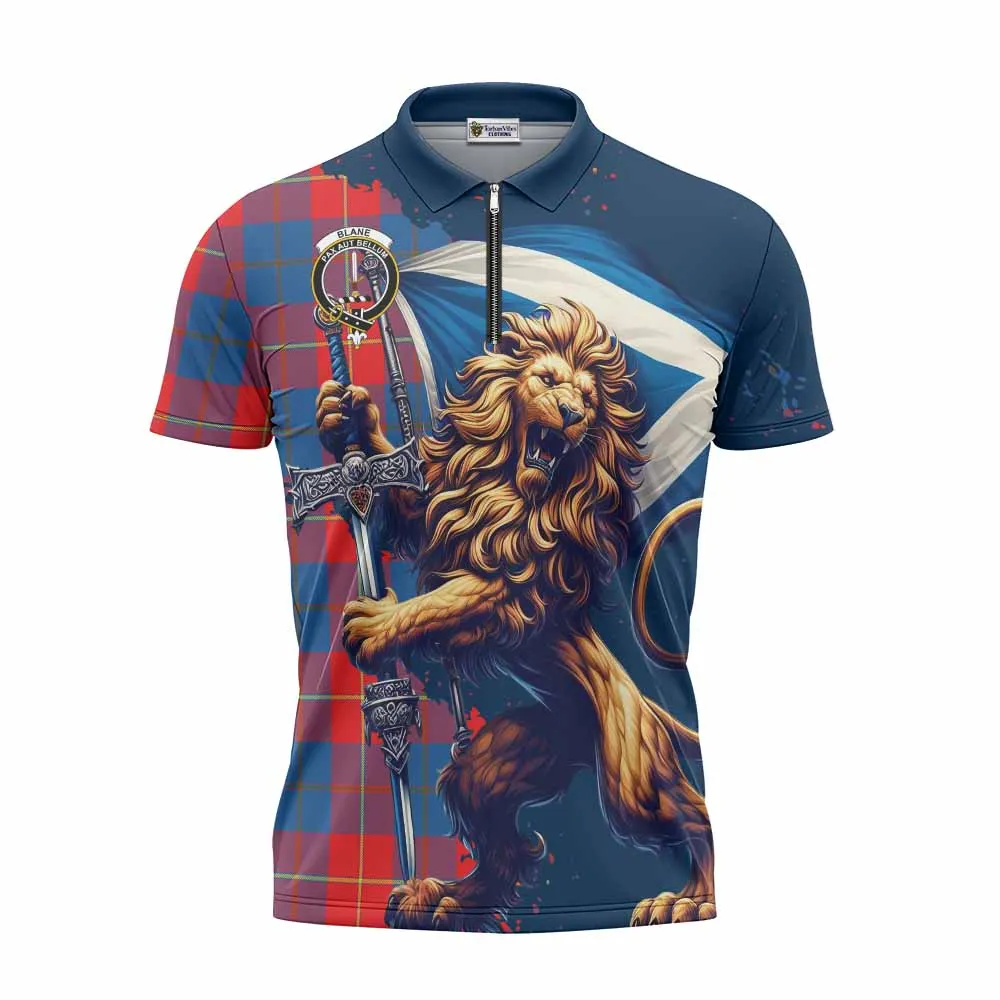 Blane Tartan Family Crest Zipper Polo Shirt with Scottish Majestic Lion