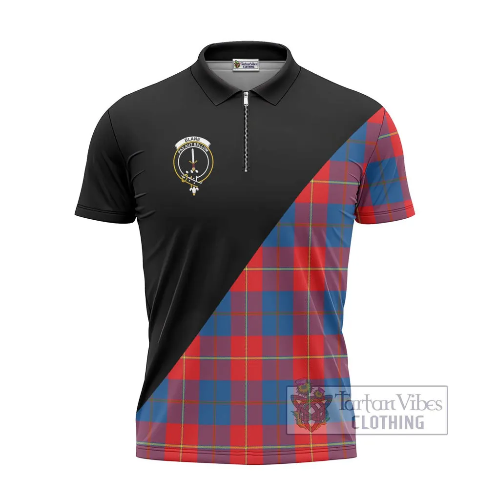 Blane Tartan Zipper Polo Shirt with Family Crest and Military Logo Style