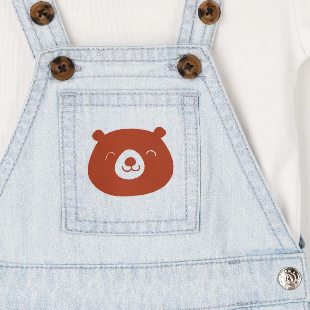 Blue Bear Theme Denim Dungaree With White T-Shirt