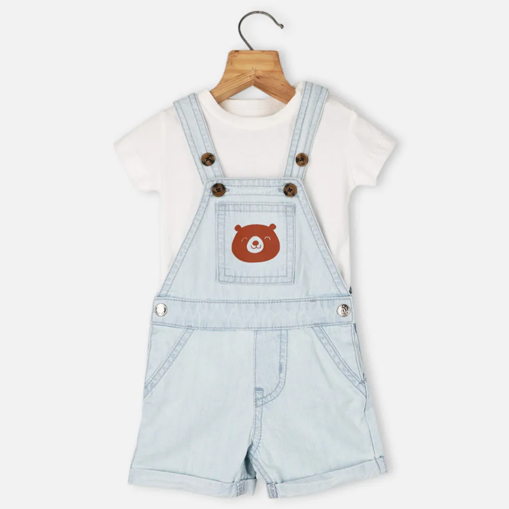 Blue Bear Theme Denim Dungaree With White T-Shirt