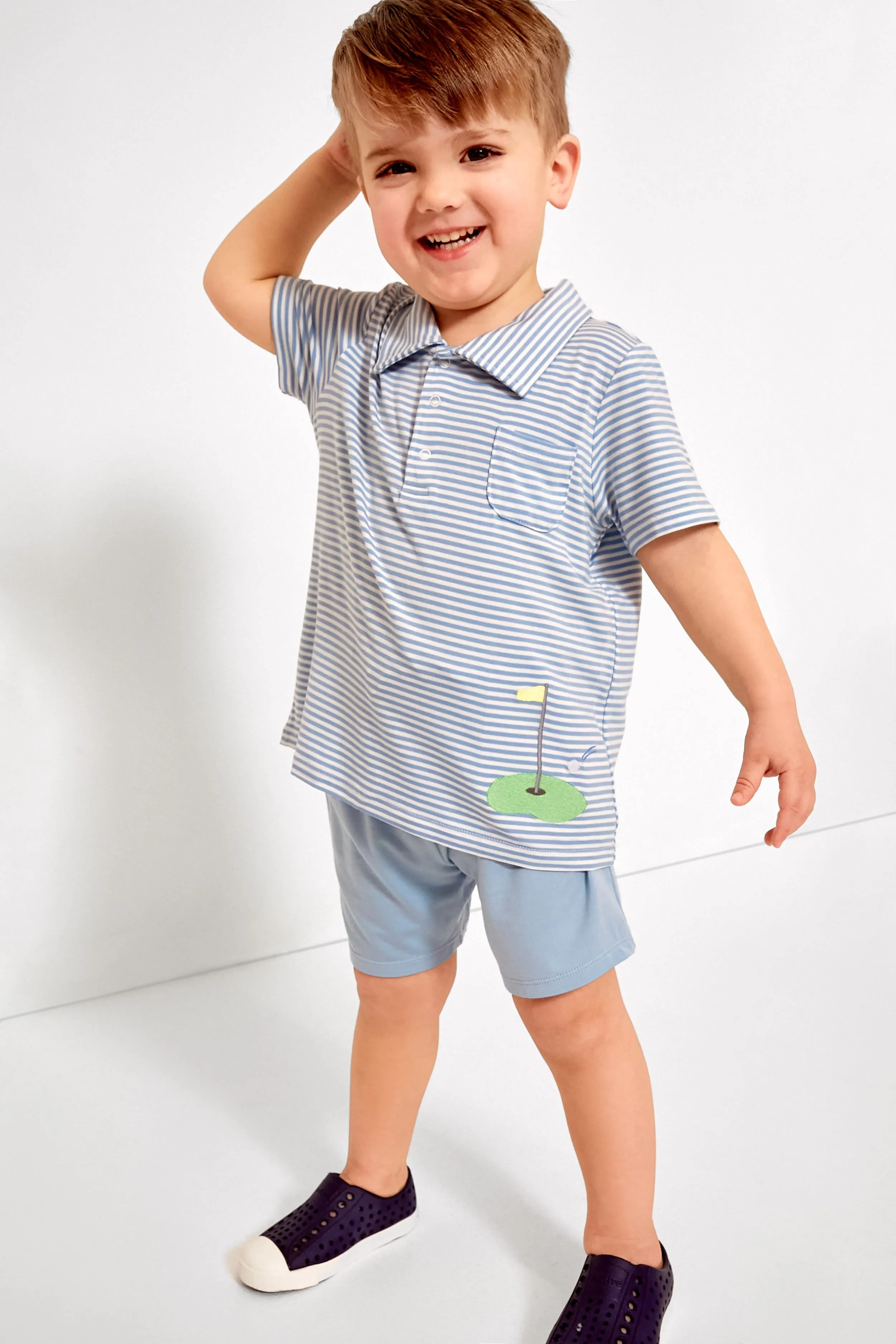 Blue Stripe Golf Polo Shirt and Short Set