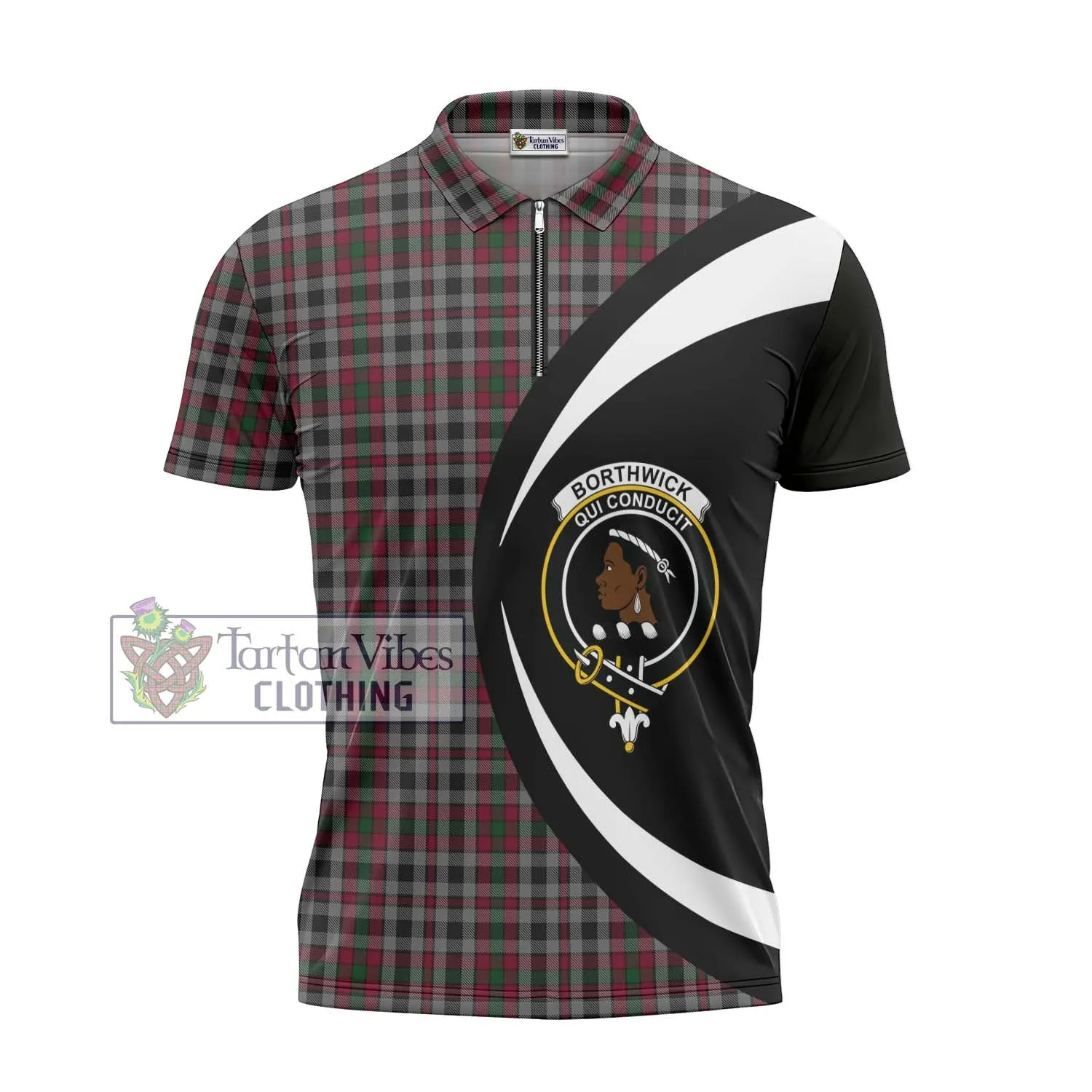 Borthwick Tartan Zipper Polo Shirt with Family Crest Circle Style