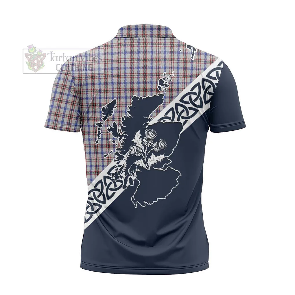 Boswell Tartan Zipper Polo Shirt Featuring Thistle and Scotland Map