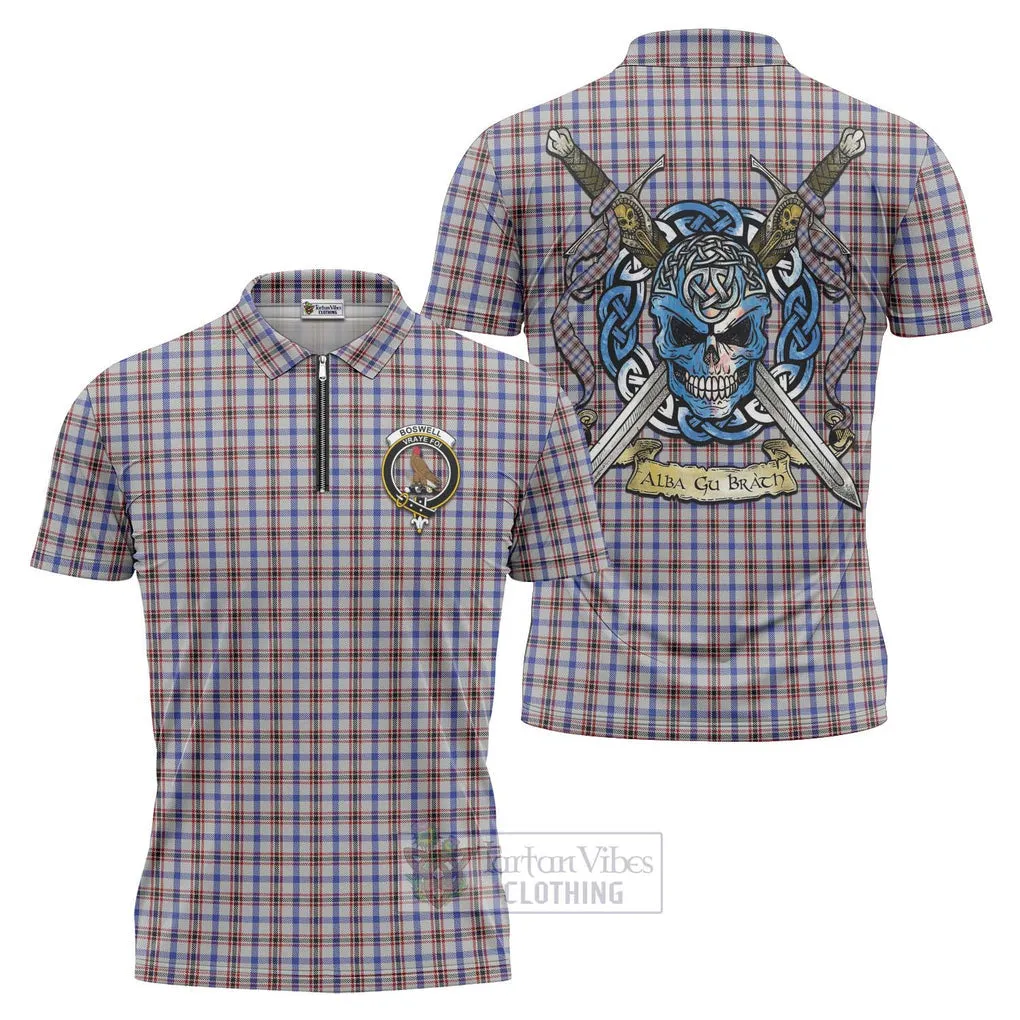 Boswell Tartan Zipper Polo Shirt with Family Crest Celtic Skull Style