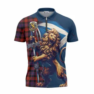 Brown (Broun) Tartan Family Crest Zipper Polo Shirt with Scottish Majestic Lion