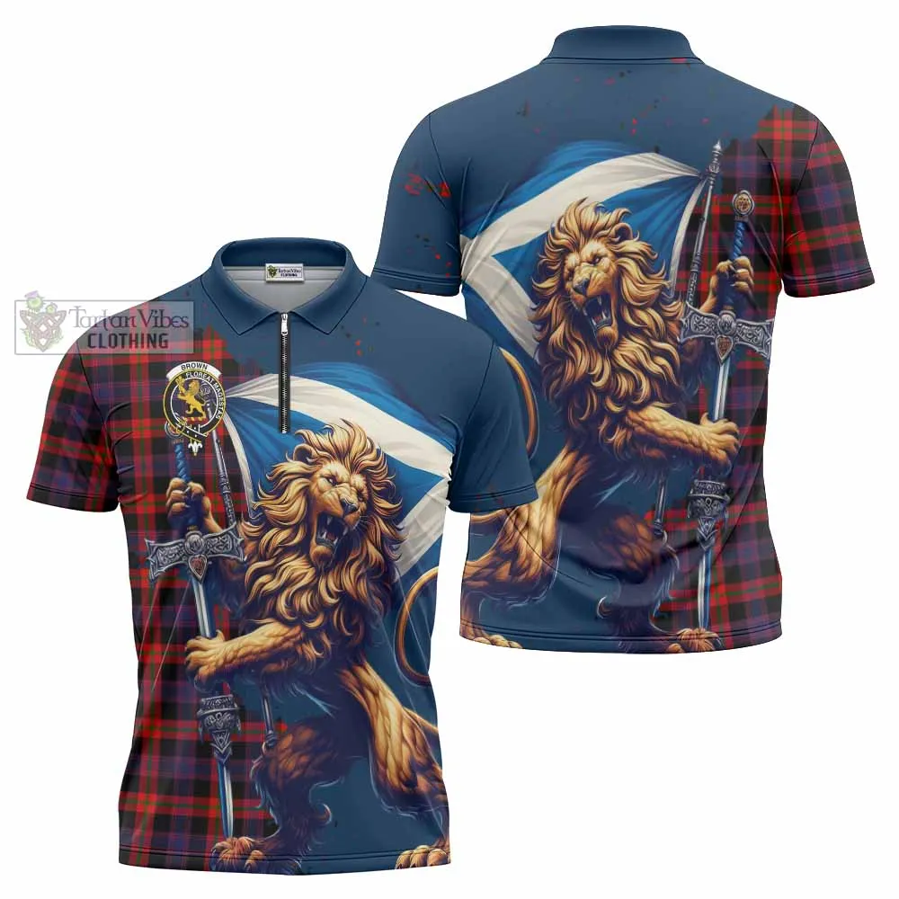 Brown (Broun) Tartan Family Crest Zipper Polo Shirt with Scottish Majestic Lion