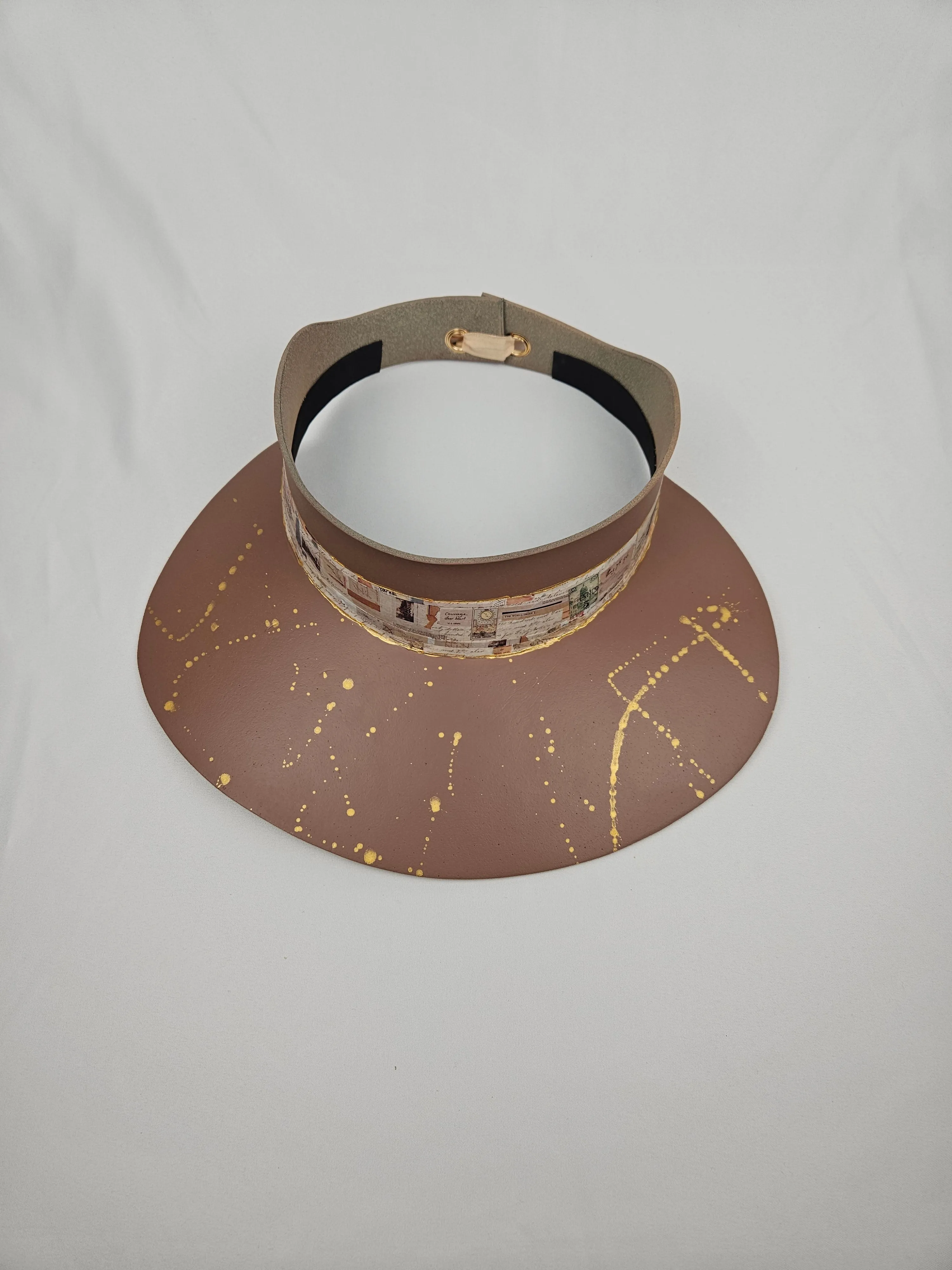 Brown "LadyEVA" Visor Hat with Brown Collage Style Band and Golden Paint Splatter