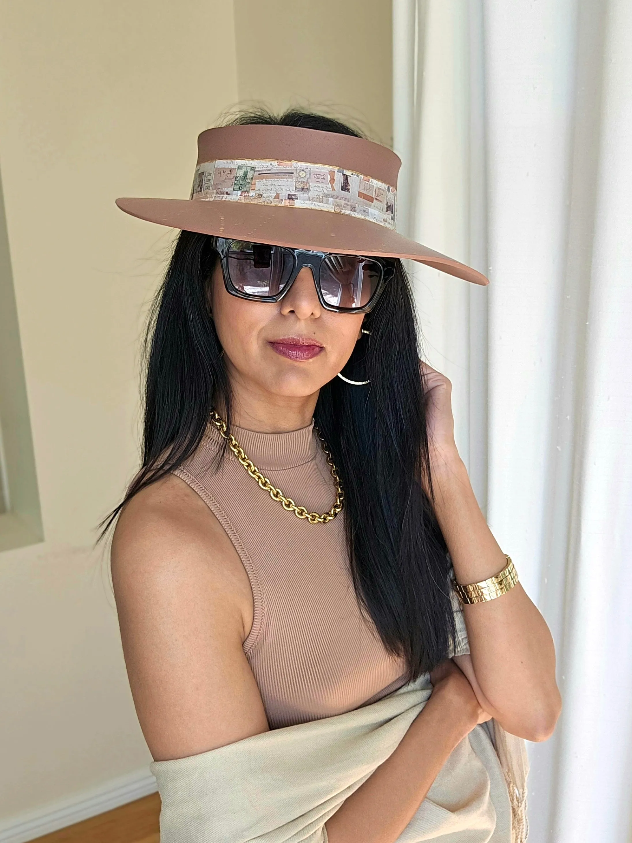 Brown "LadyEVA" Visor Hat with Brown Collage Style Band and Golden Paint Splatter