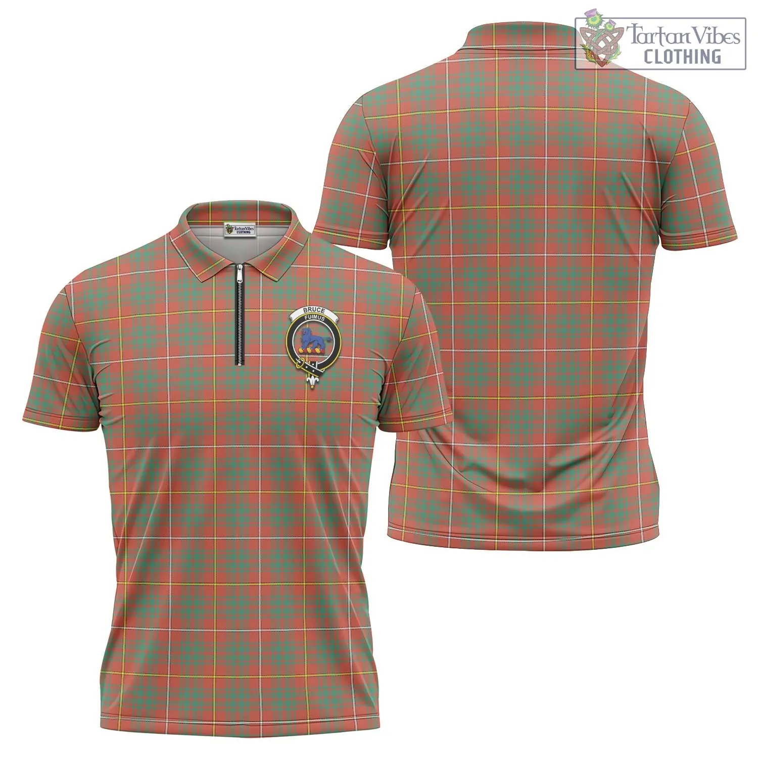 Bruce Ancient Tartan Zipper Polo Shirt with Family Crest