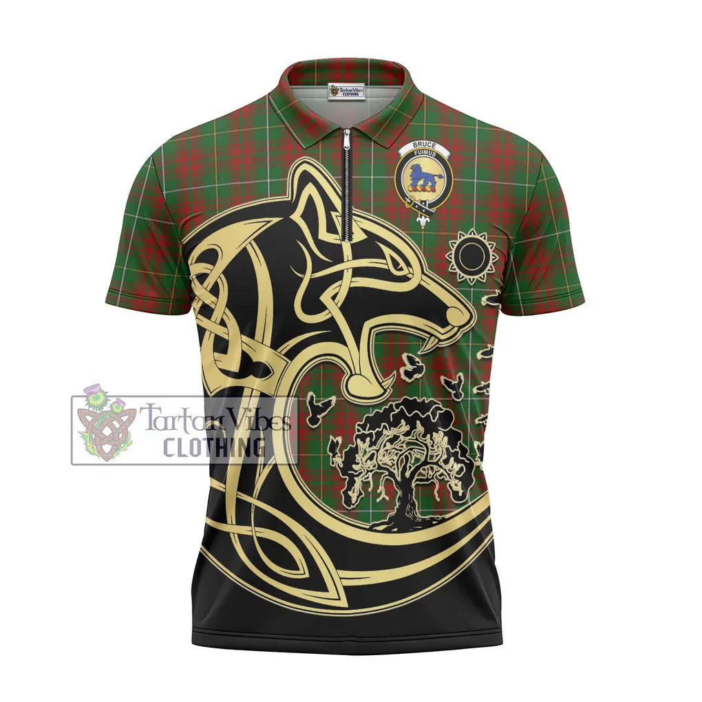 Bruce Hunting Tartan Zipper Polo Shirt with Family Crest Celtic Wolf Style