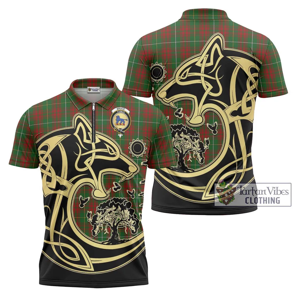 Bruce Hunting Tartan Zipper Polo Shirt with Family Crest Celtic Wolf Style