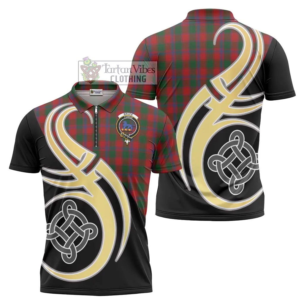 Bruce Old Tartan Zipper Polo Shirt with Family Crest and Celtic Symbol Style