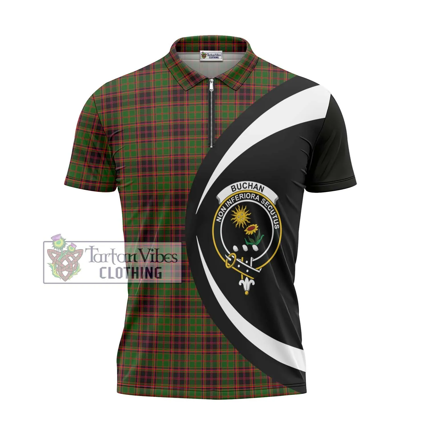 Buchan Tartan Zipper Polo Shirt with Family Crest Circle Style