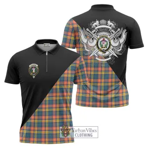 Buchanan Ancient Tartan Zipper Polo Shirt with Family Crest and Military Logo Style