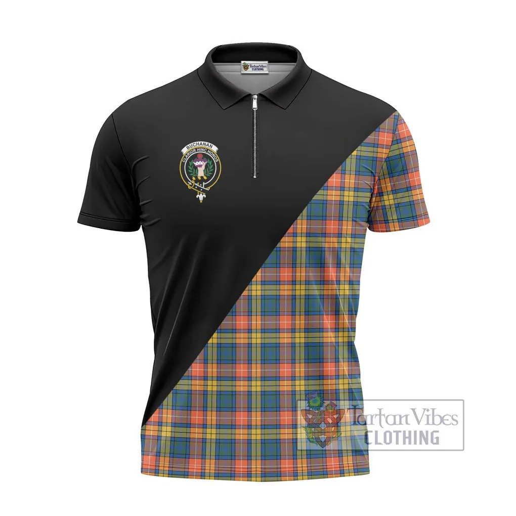 Buchanan Ancient Tartan Zipper Polo Shirt with Family Crest and Military Logo Style