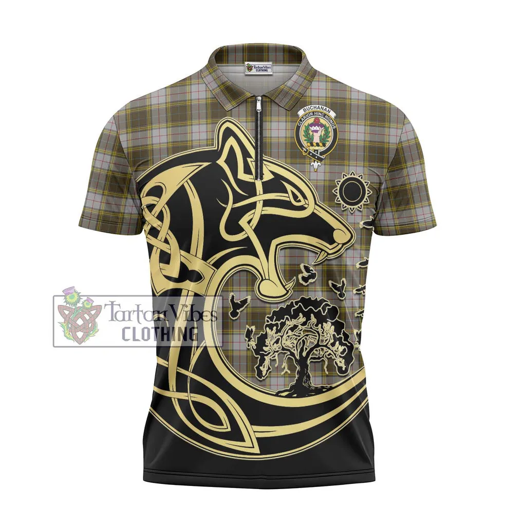 Buchanan Dress Tartan Zipper Polo Shirt with Family Crest Celtic Wolf Style