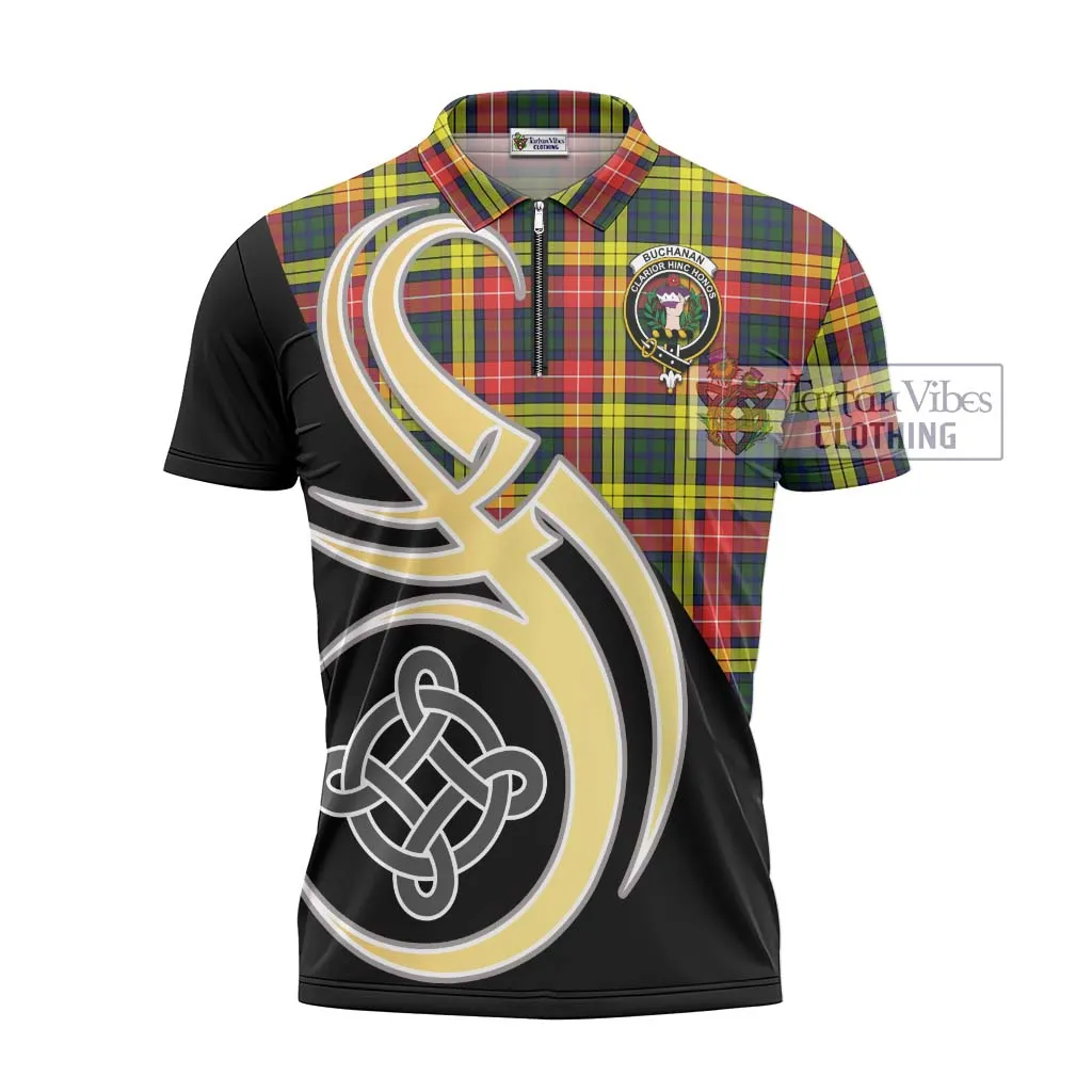 Buchanan Modern Tartan Zipper Polo Shirt with Family Crest and Celtic Symbol Style