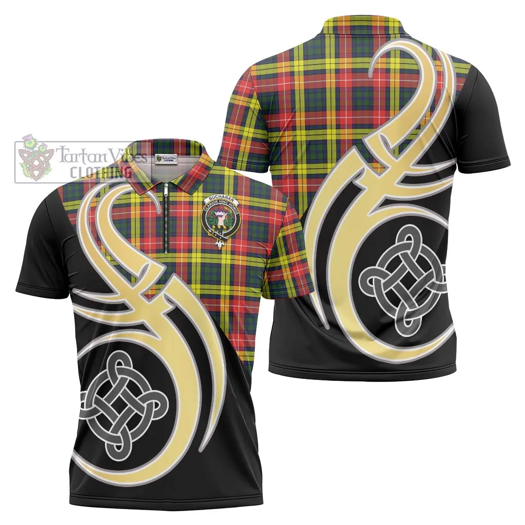 Buchanan Modern Tartan Zipper Polo Shirt with Family Crest and Celtic Symbol Style