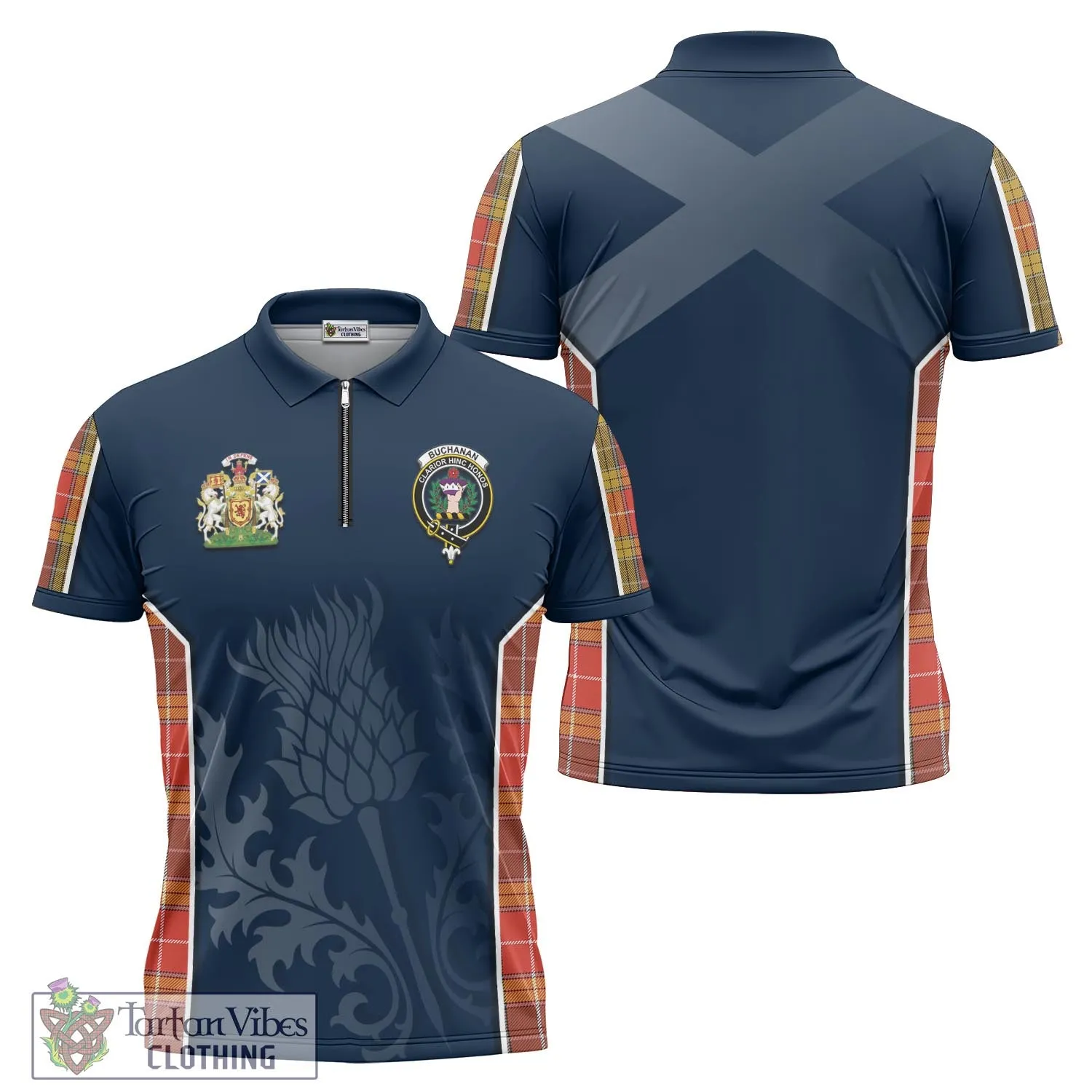 Buchanan Old Set Weathered Tartan Zipper Polo Shirt with Family Crest and Scottish Thistle Vibes Sport Style