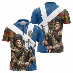 Buchanan Tartan Zipper Polo Shirt with Family Crest Scottish Bagpiper Vibes