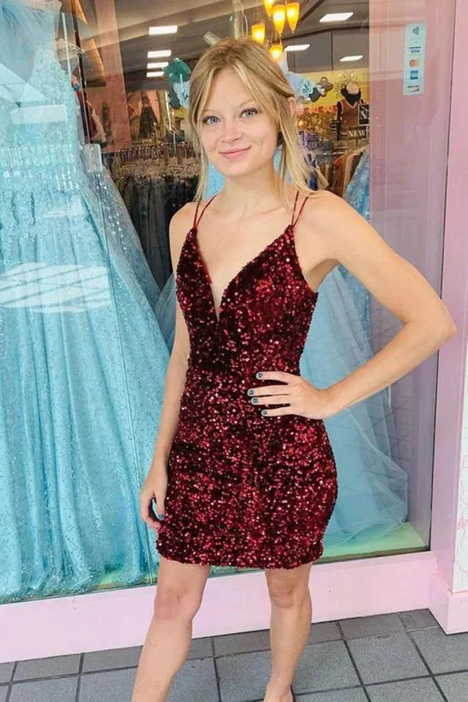 Burgundy Spaghetti Strap V Neck Sequins Homecoming Dress Formal Mini Dresses