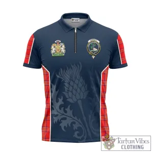 Burnett Modern Tartan Zipper Polo Shirt with Family Crest and Scottish Thistle Vibes Sport Style