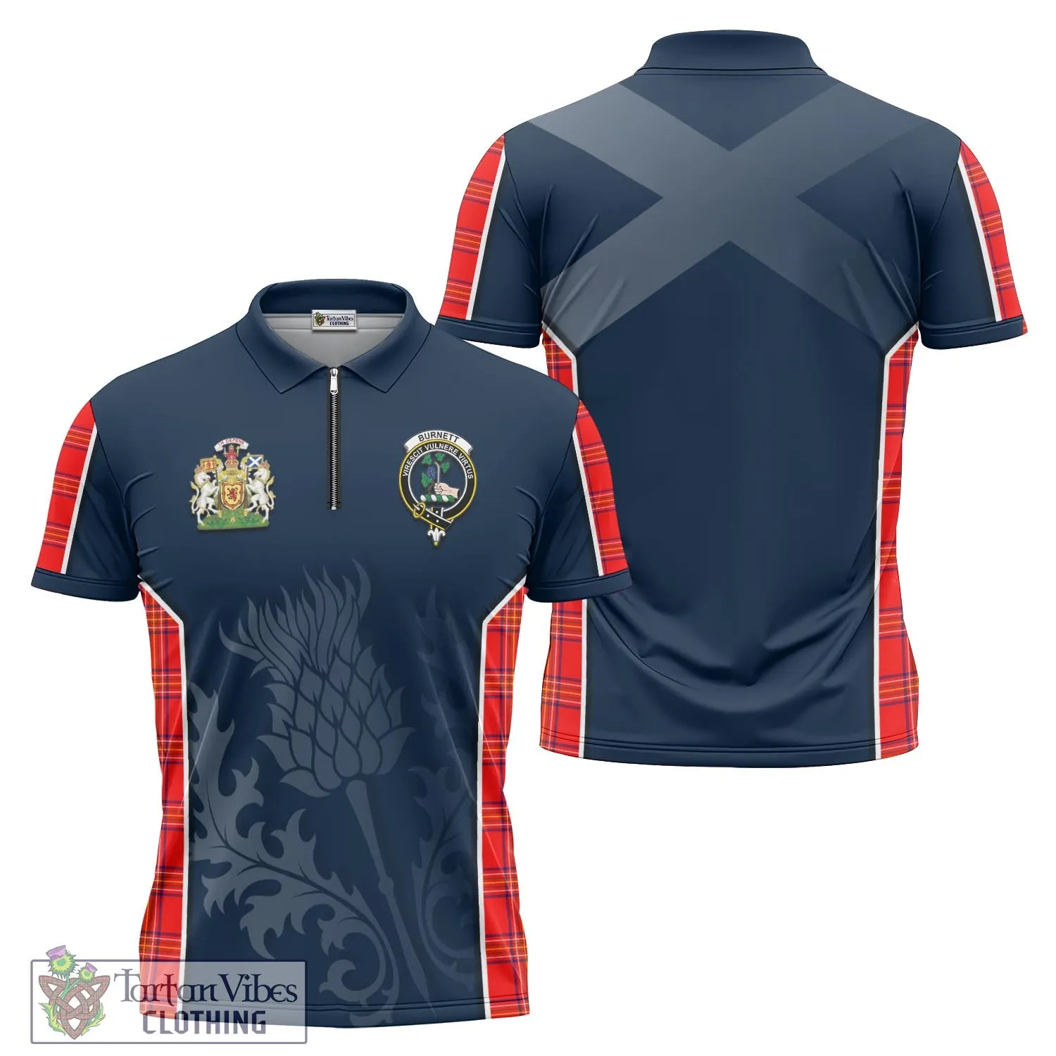 Burnett Modern Tartan Zipper Polo Shirt with Family Crest and Scottish Thistle Vibes Sport Style