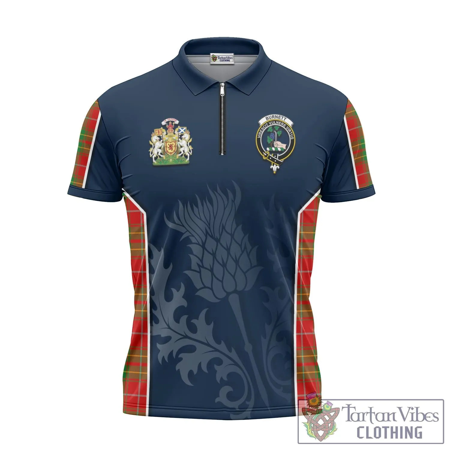 Burnett Tartan Zipper Polo Shirt with Family Crest and Scottish Thistle Vibes Sport Style