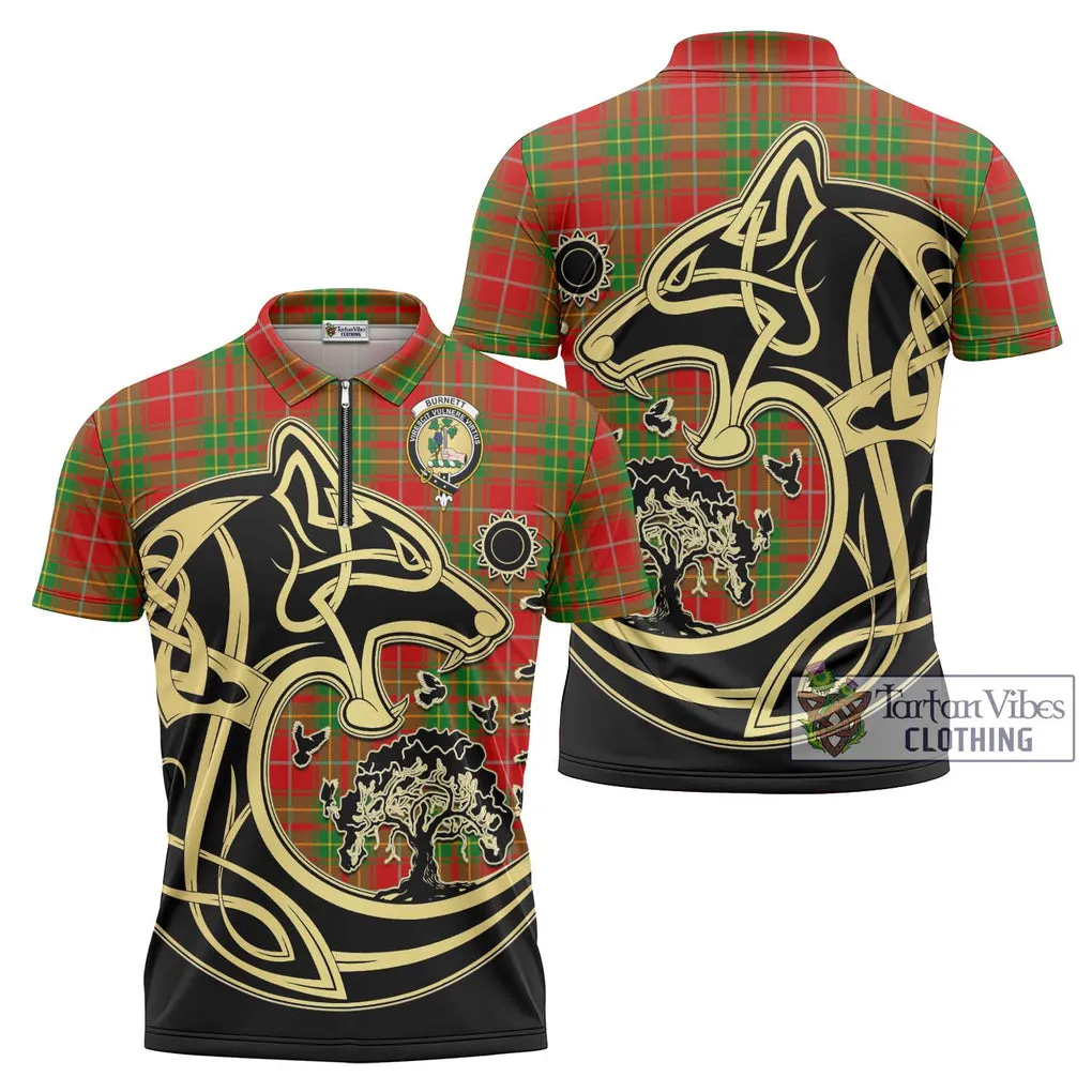 Burnett Tartan Zipper Polo Shirt with Family Crest Celtic Wolf Style