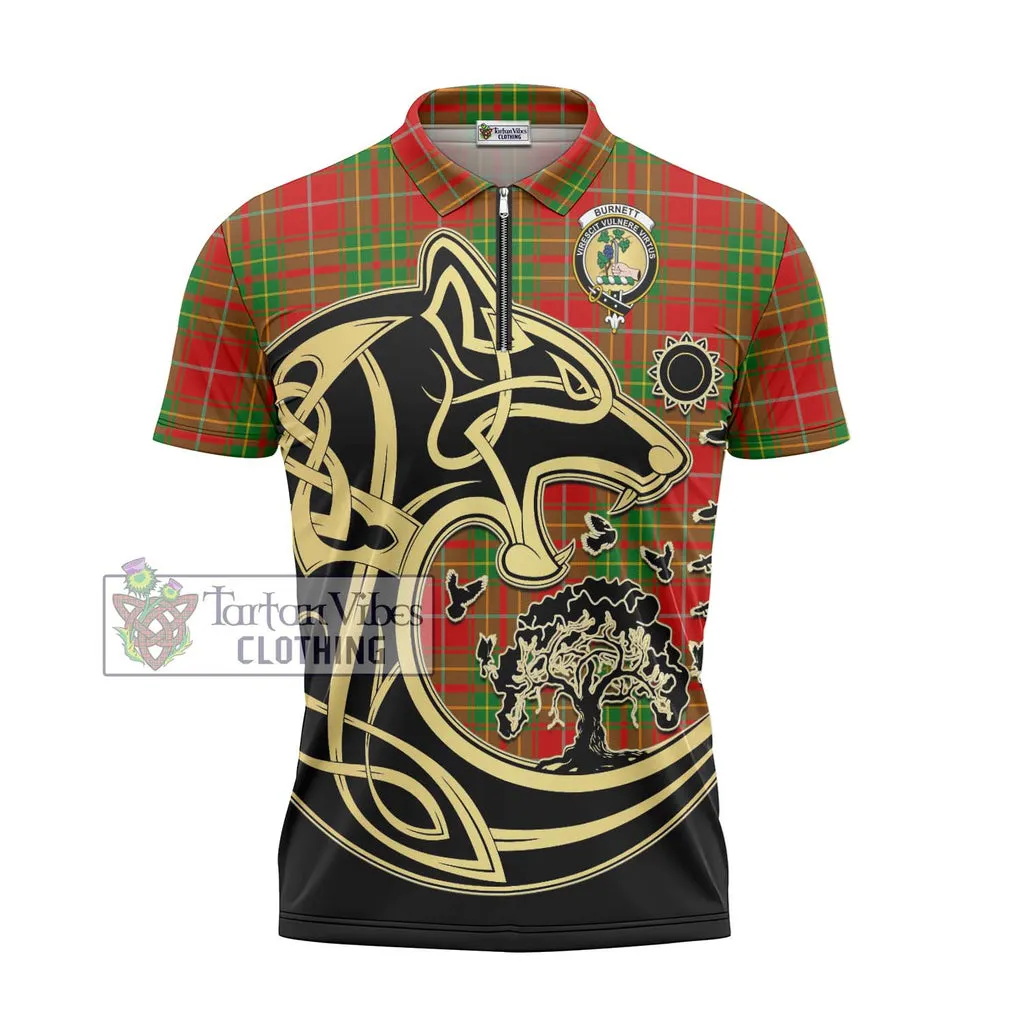 Burnett Tartan Zipper Polo Shirt with Family Crest Celtic Wolf Style