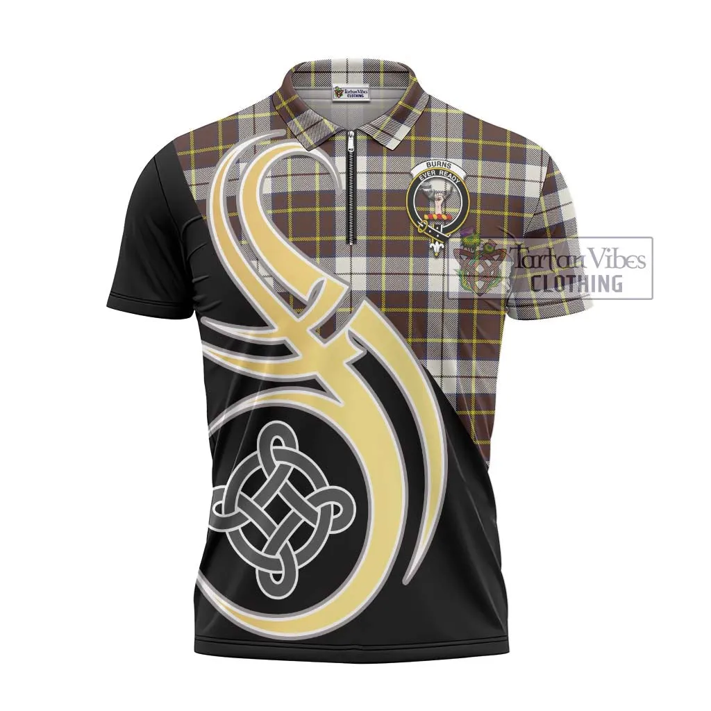 Burns Battalion Weathered Tartan Zipper Polo Shirt with Family Crest and Celtic Symbol Style