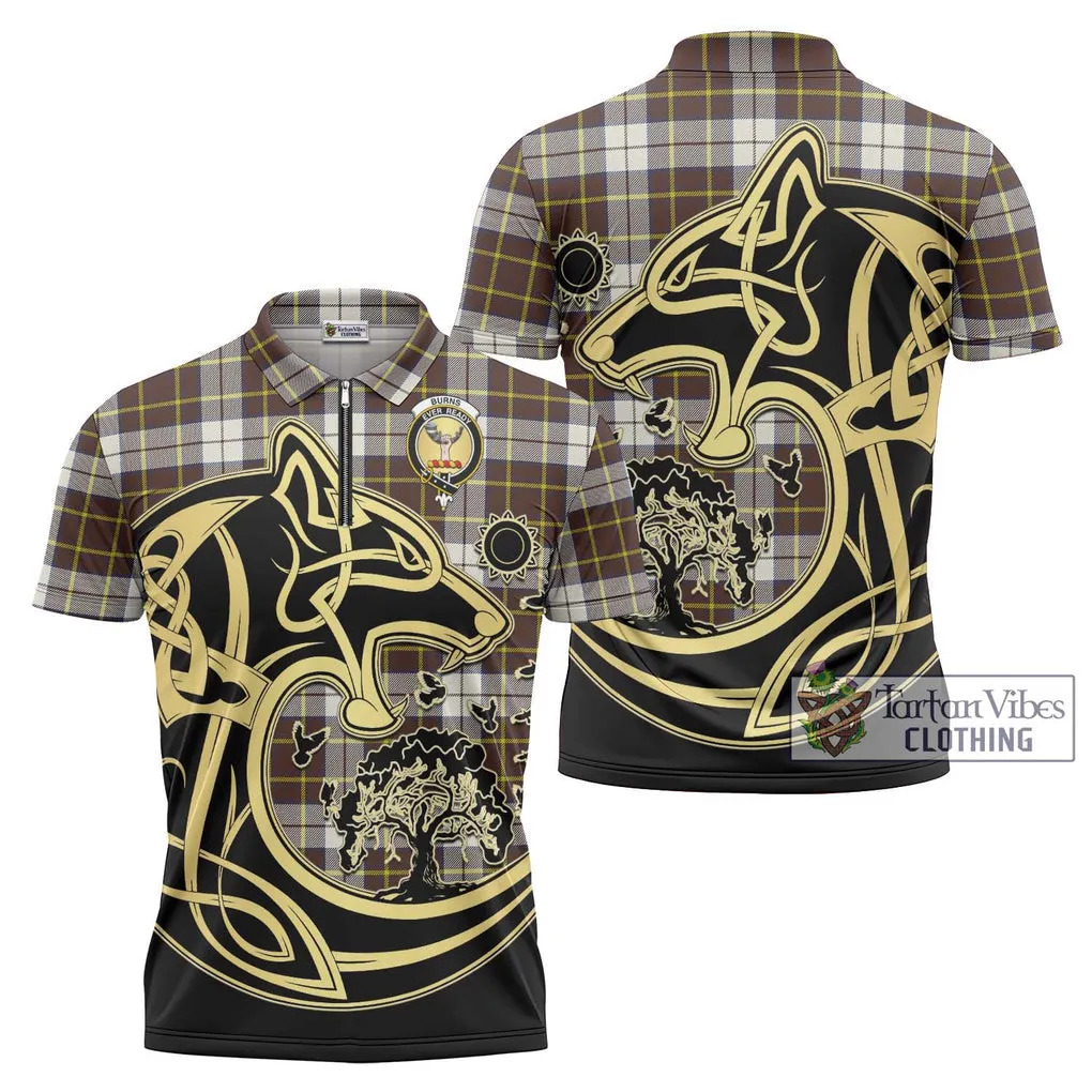 Burns Battalion Weathered Tartan Zipper Polo Shirt with Family Crest Celtic Wolf Style