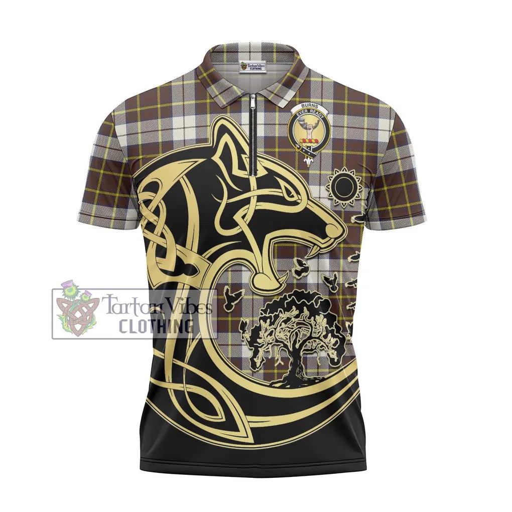 Burns Battalion Weathered Tartan Zipper Polo Shirt with Family Crest Celtic Wolf Style