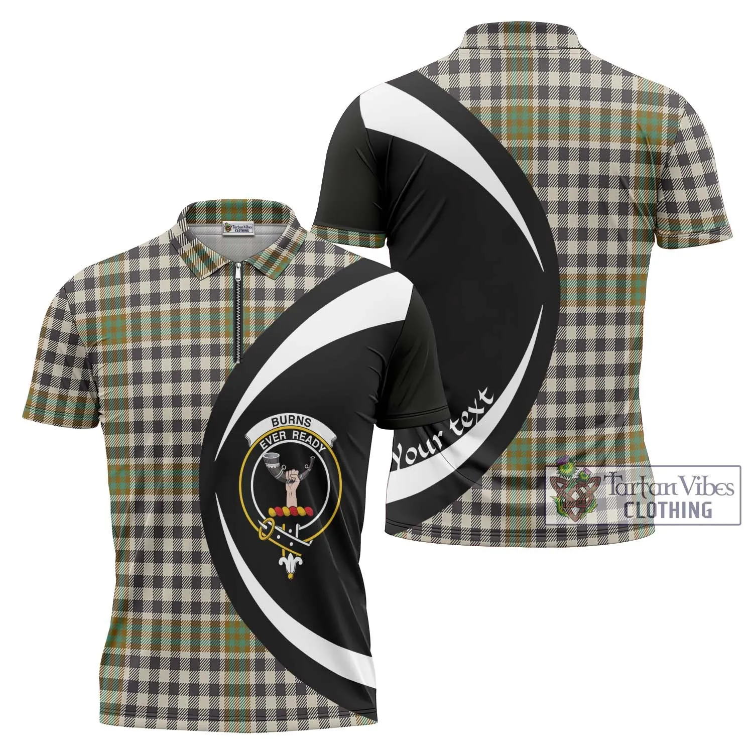 Burns Check Tartan Zipper Polo Shirt with Family Crest Circle Style