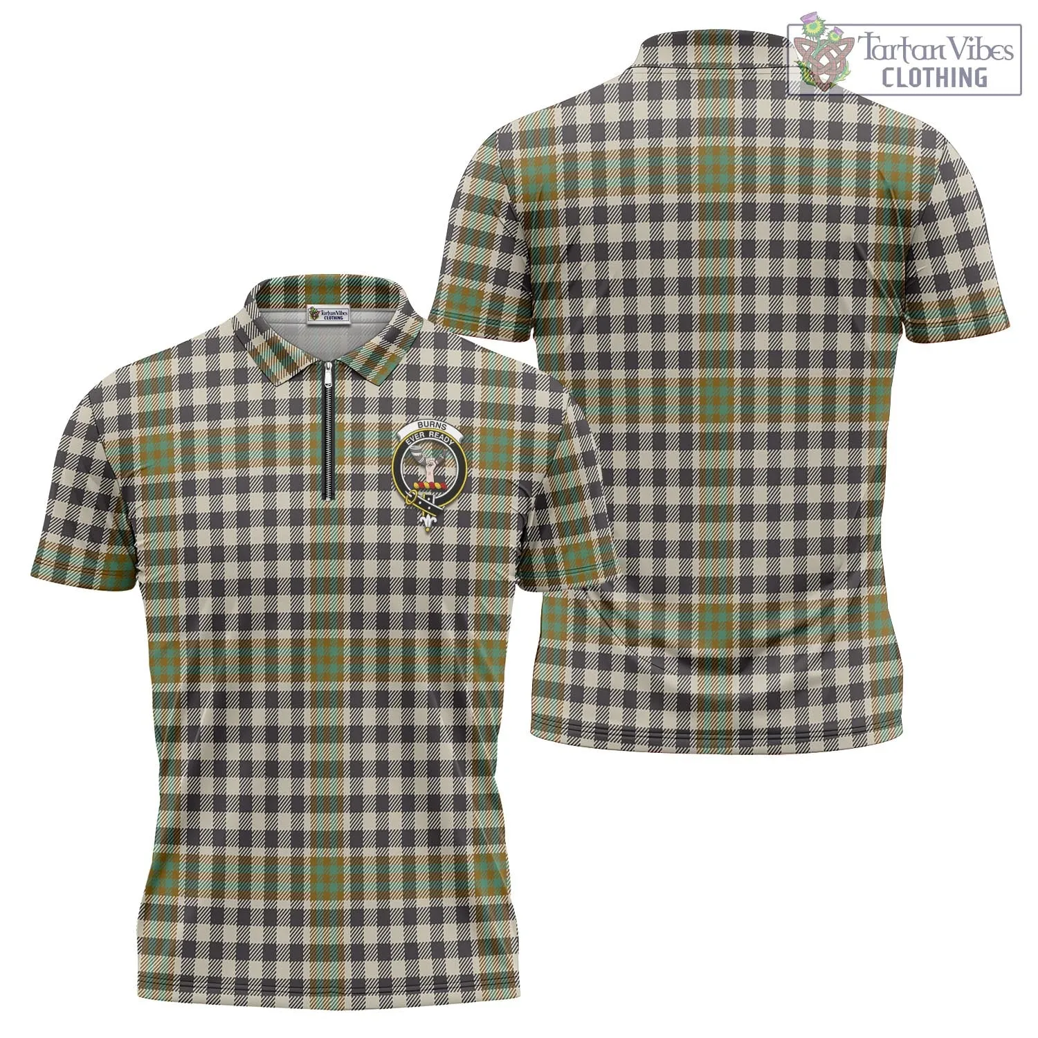 Burns Check Tartan Zipper Polo Shirt with Family Crest