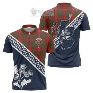 Burns Tartan Zipper Polo Shirt Featuring Thistle and Scotland Map