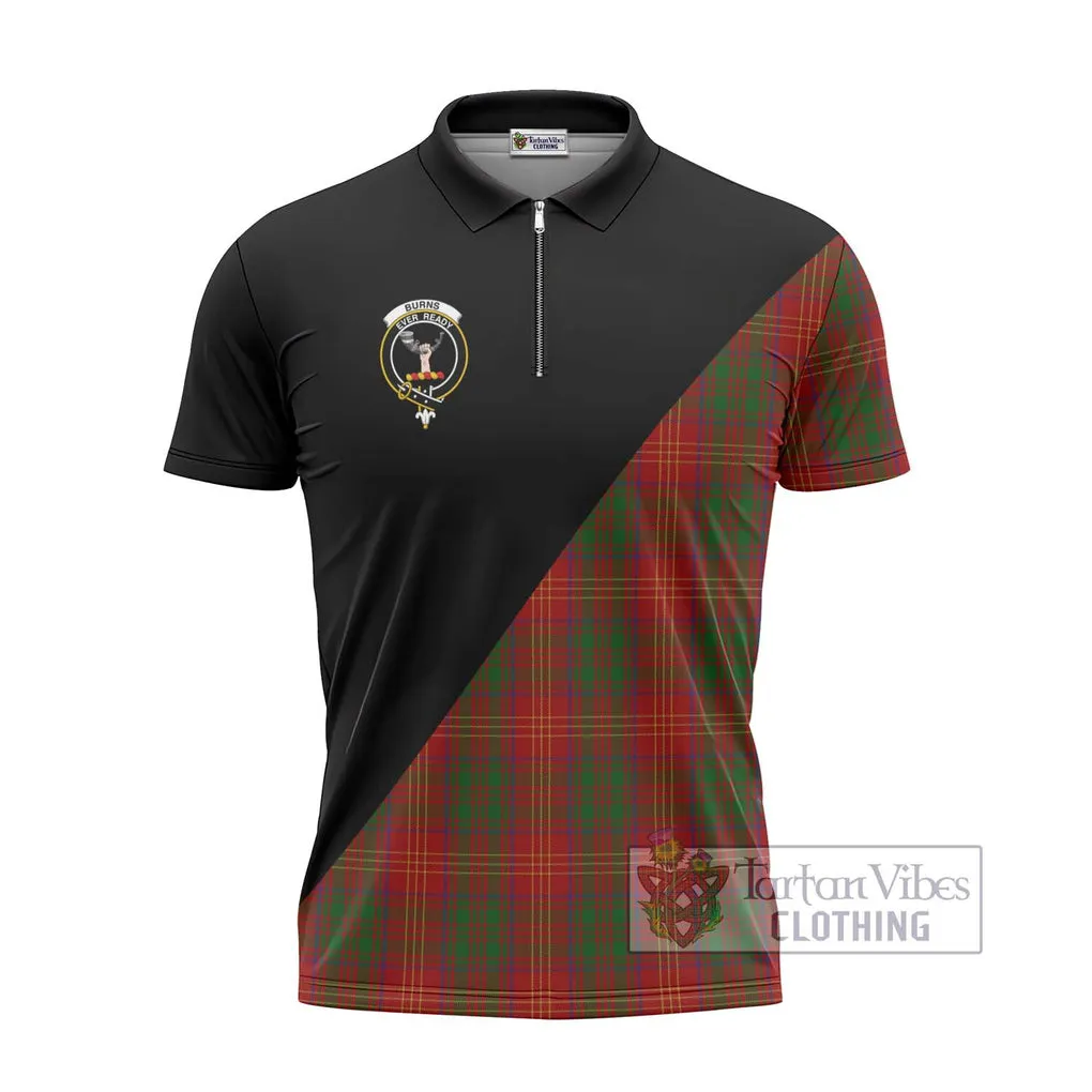 Burns Tartan Zipper Polo Shirt with Family Crest and Military Logo Style