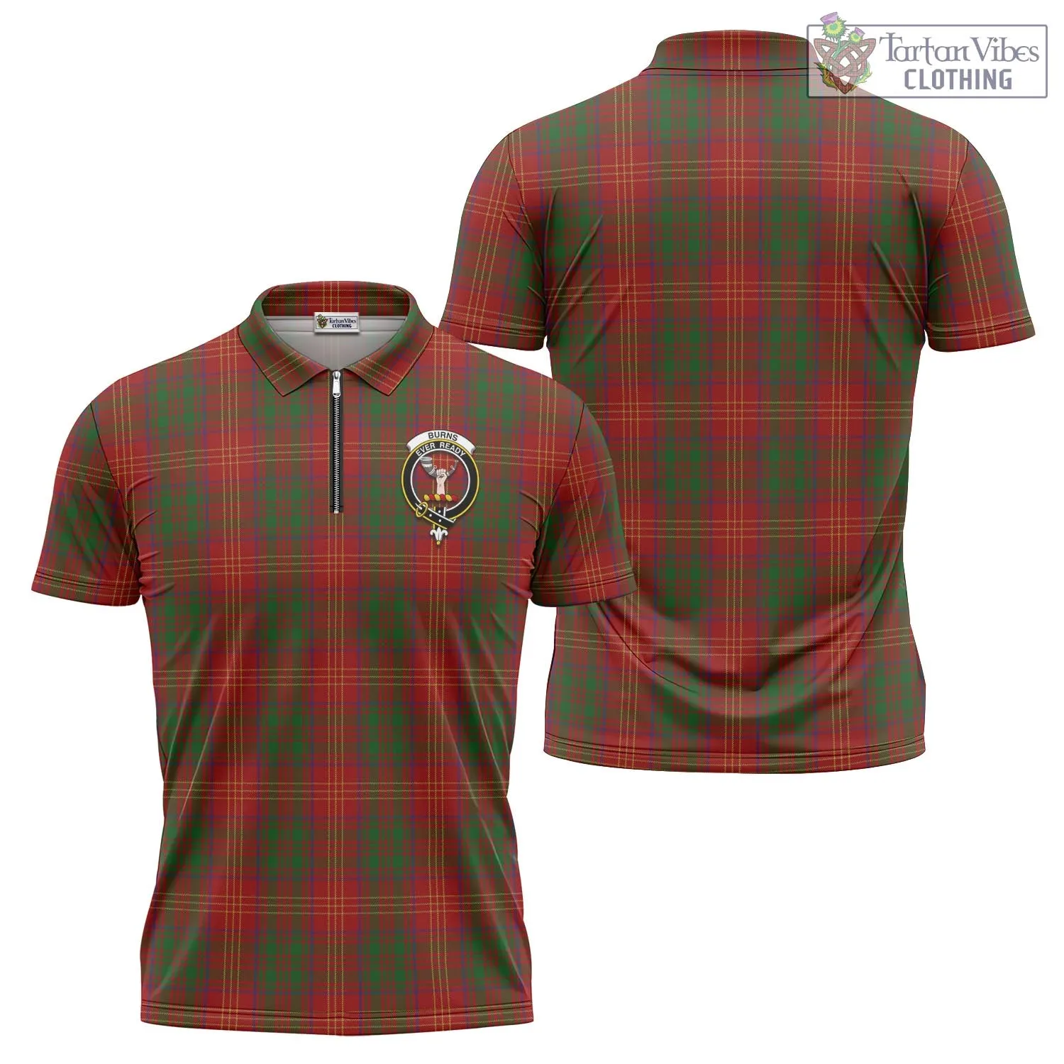 Burns Tartan Zipper Polo Shirt with Family Crest