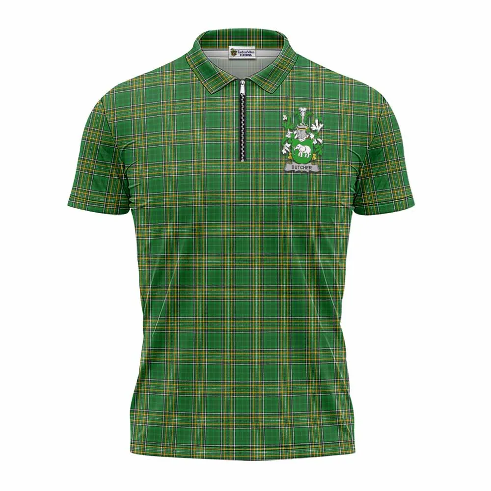 Butcher Irish Clan Tartan Zipper Polo Shirt with Coat of Arms