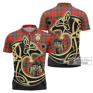 Butter Tartan Zipper Polo Shirt with Family Crest Celtic Wolf Style