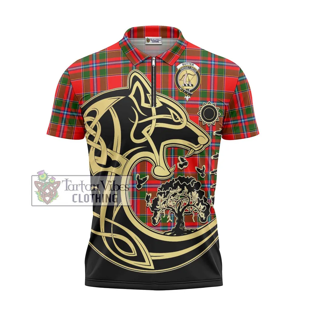 Butter Tartan Zipper Polo Shirt with Family Crest Celtic Wolf Style