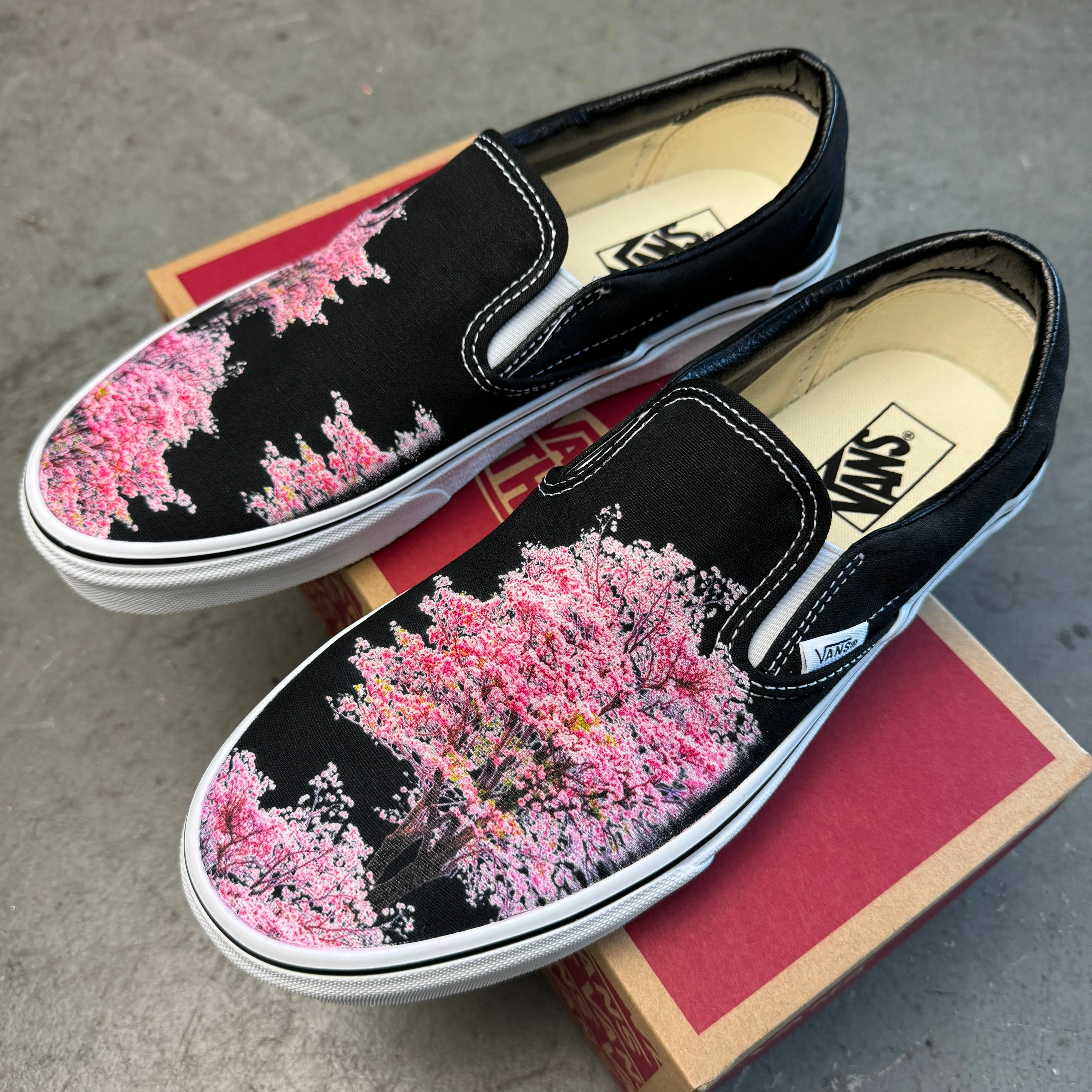 Cherry Blossoms on Custom Black Slip On Vans Shoes for Women and Men