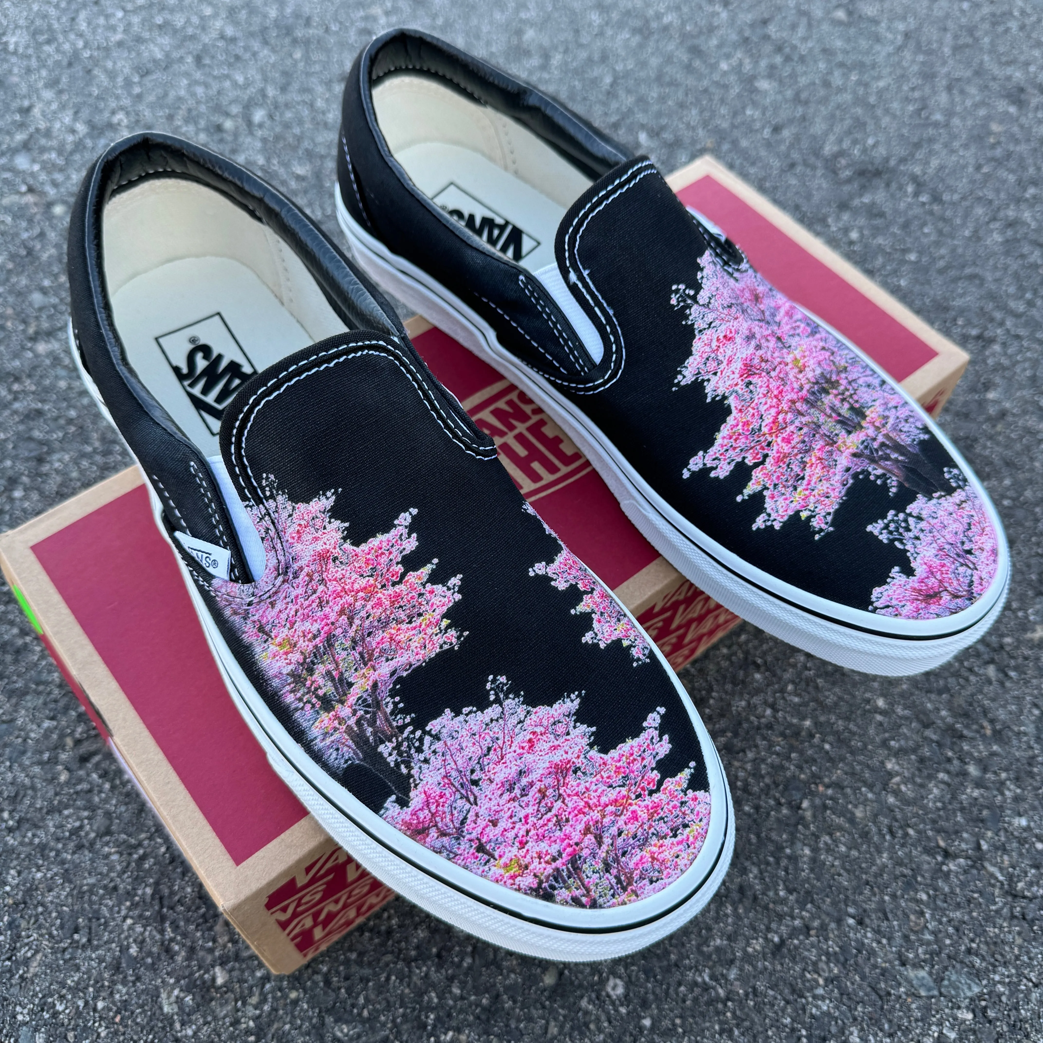 Cherry Blossoms on Custom Black Slip On Vans Shoes for Women and Men