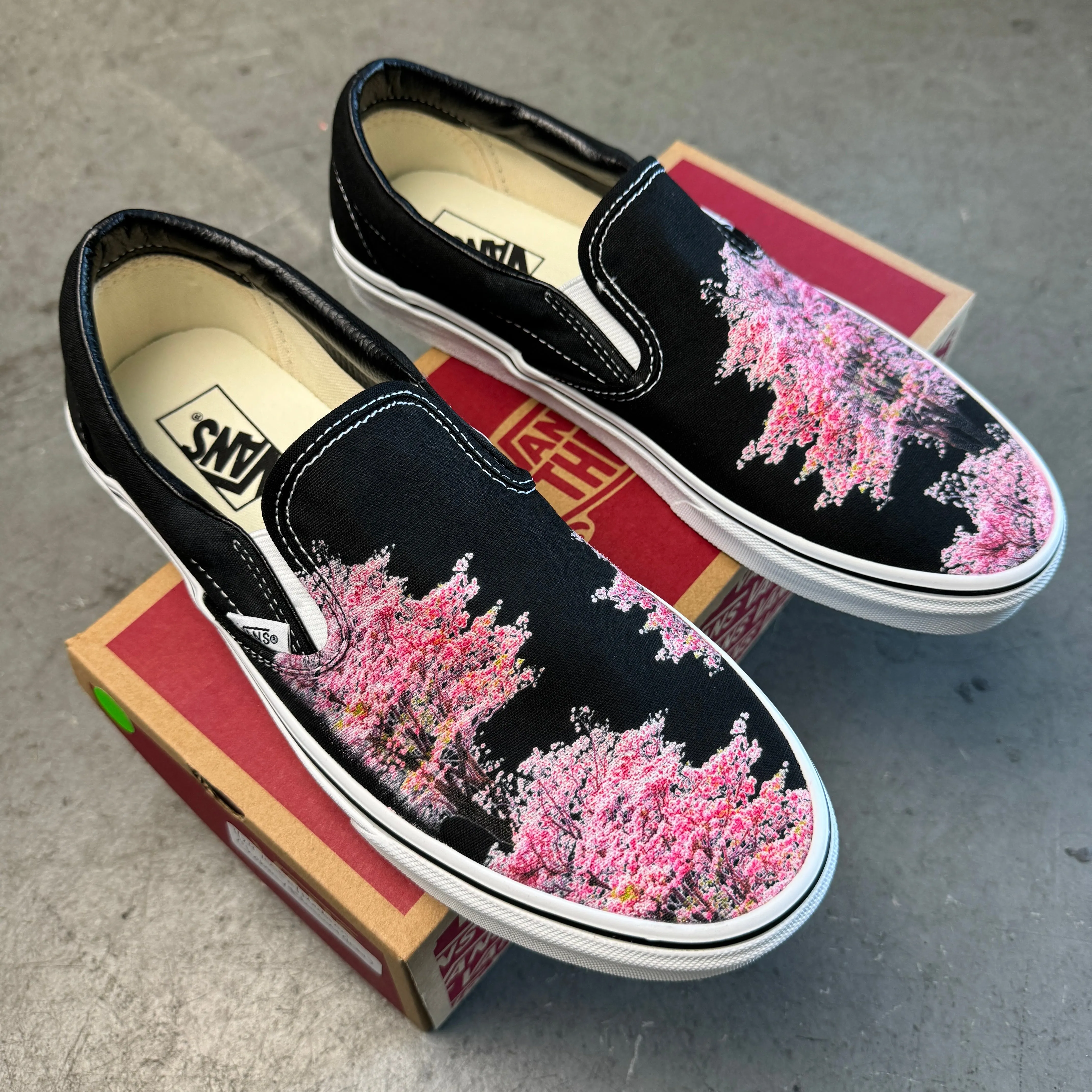 Cherry Blossoms on Custom Black Slip On Vans Shoes for Women and Men