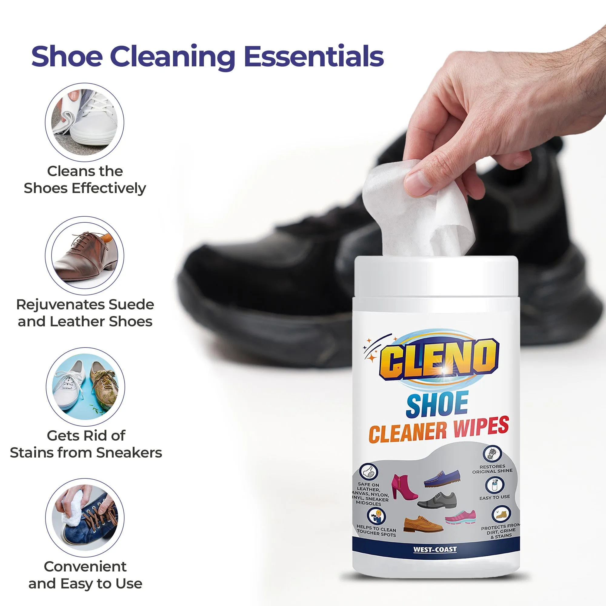 Cleno Shoe Cleaner Wet Wipes For Shoes/Loafers/Sandals/Slippers/Traditional Footwear/Athletic Shoes/Sneakers/White Shoes/Golf-Tennis Shoes/Scrub Off Dirt/Mud/Grass Stains - 50 Wipes (Ready to Use)